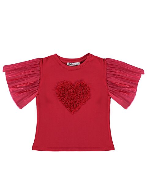 Civil Girls Kolları Tüllü 4-9 Yaş Tişört - Kırmızı