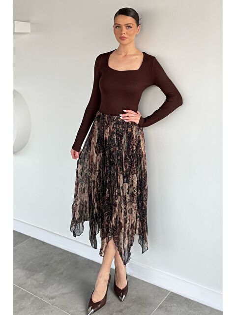 Gülseli Kadın Astarlı Şal Desenli Asimetrik Kesim Etek - S000517447-19413