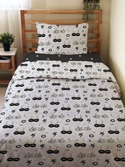 Evmila Maskeli Kedi Desenli Çarşafsız 2 li Takım Baskılı Tek Kişilik Nevresim Takımı 160x220 cm - S000291140-23173