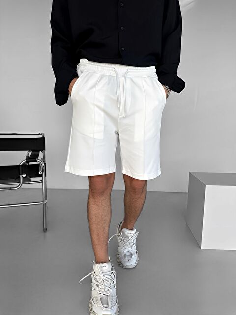 Abluka Online Erkek Oversize Beli Lastikli %100 Pamuk Şort Beyaz - S000270864-20063