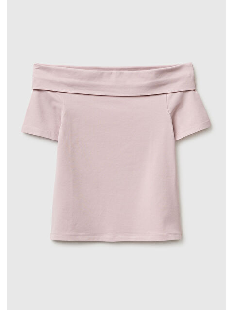 United Colors Of Benetton Kız Çocuk Gül Kurusu Arkası Logo İşlemeli Raglan Kollu Kayık Yaka T-Shirt