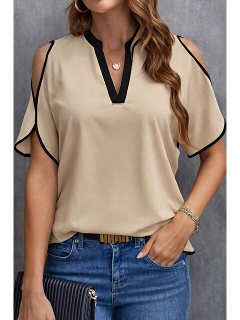 Jane's Kadın Kısa Kollu V Yakalı Ithal Krep Bluz