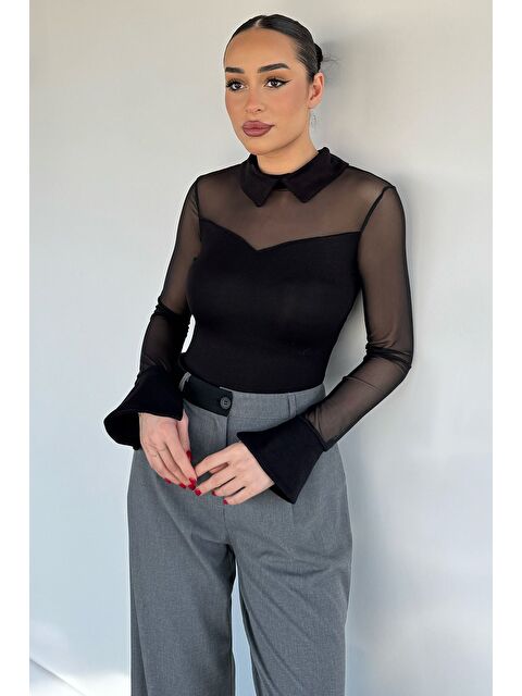 Gülseli Kadın Polo Yaka Tül Garnili Elastanlı Bluz - S000517452-19351