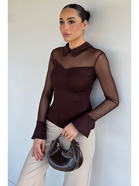 Gülseli Kadın Polo Yaka Tül Garnili Elastanlı Bluz - S000517452-19413