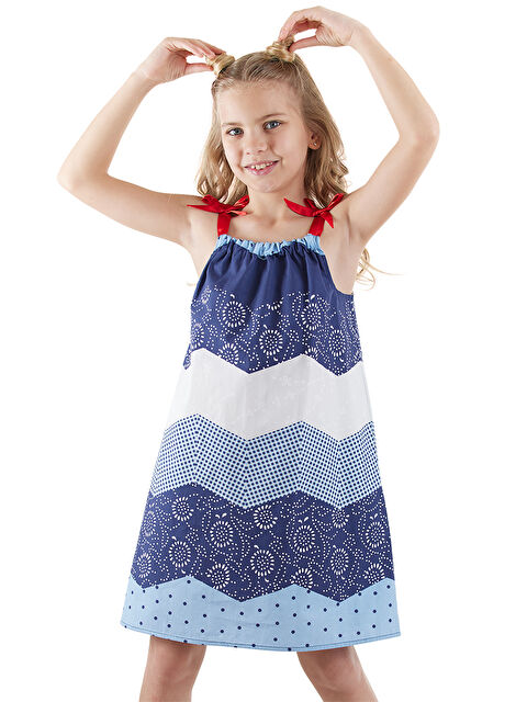 Denokids Lacivert Beyaz Desenli Poplin Kız Çocuk Elbise - S000346184-21164