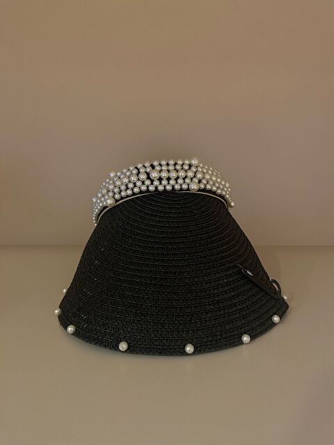 Luminos Butik Siyah İnci Detaylı Hasır Vizör Şapka Oval Tasarım Yaz Aksesuarı HSR2086 - S000377867-15542