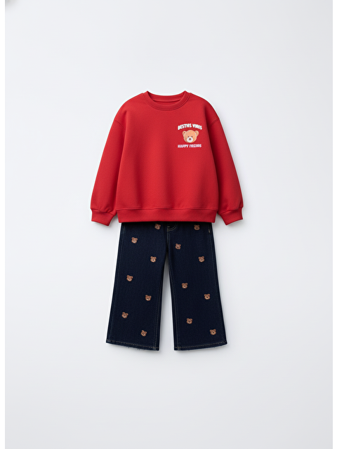 Magu Kız Çocuk Pamuklu Kırmızı Ayı Baskılı Sweatshirt Ve Nakışlı Jean Pantolon Takım – Rahat Günlük Stil - S000469645-23173