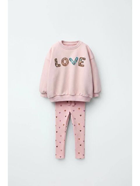 Magu Kız Çocuk Pamuklu Pembe Love Nakışlı Sweatshirt Ve Kalpli Tayt Takım – 2'Li Rahat Günlük Set - S000469644-20024