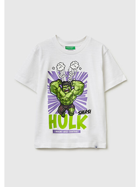 United Colors Of Benetton Erkek Çocuk Beyaz Hulk Baskılı Bisiklet Yaka T-Shirt