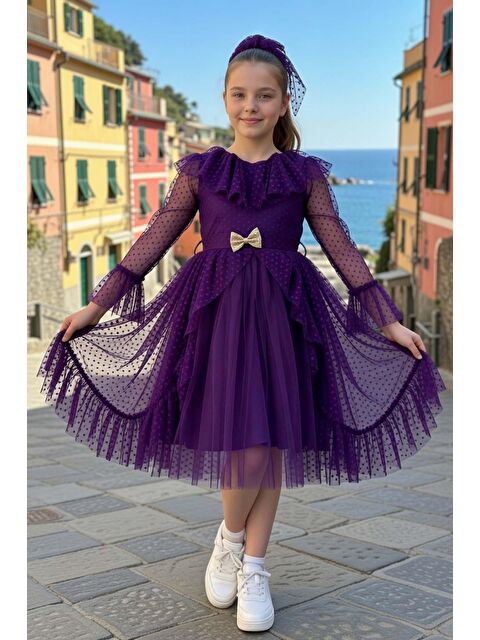 Riccotarz Kız Çocuk Kolları Şeffaf Tüllü ve Üzeri Puantiye, Yakası Fırfır Detaylı Önü Tüllü Mor Abiye - S000515081-20042