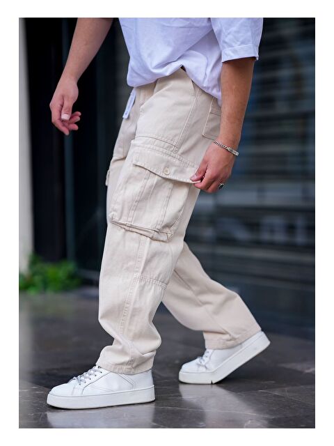 Tarz Cool Erkek Kargo Cep Baggy Pantolon Krem Rengi
