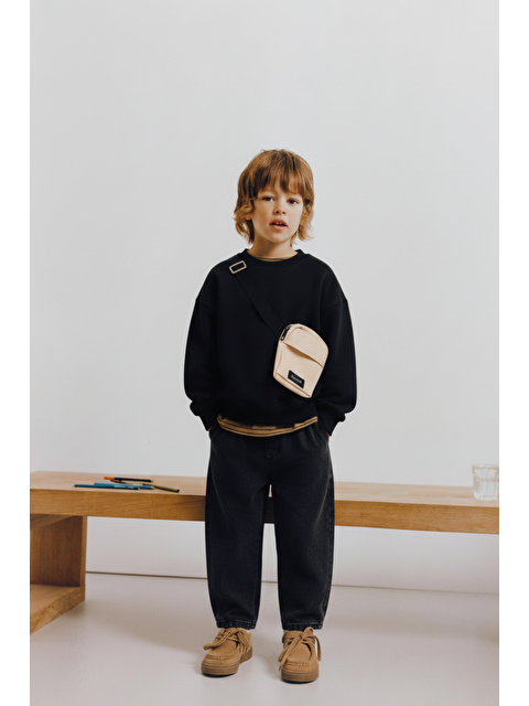 Magu Erkek Çocuk Pamuklu Siyah Çantalı Sweatshirt Ve Geniş Paça Pantolon Takım – Günlük Rahat Stil - S000469646-23173
