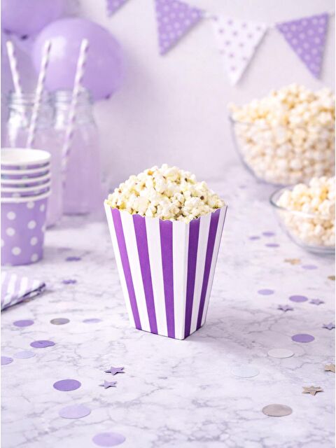 Parti Adresi Çizgili Patlamış Mısır Kutusu Popcorn Kutusu Mor 8'li - S000501107-20042