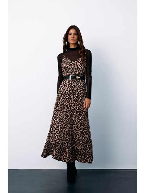 SATEEN Askılı Leopar Desenli Saten Elbise - Kahve - S000323995-19413