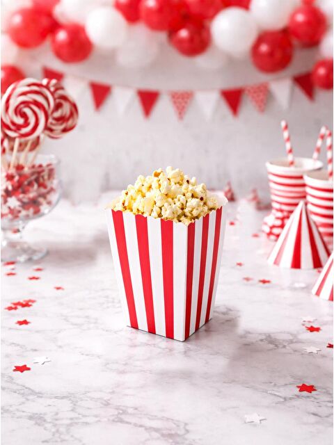 Parti Adresi Çizgili Patlamış Mısır Kutusu Popcorn Kutusu Kırmızı 8'li - S000501135-20045