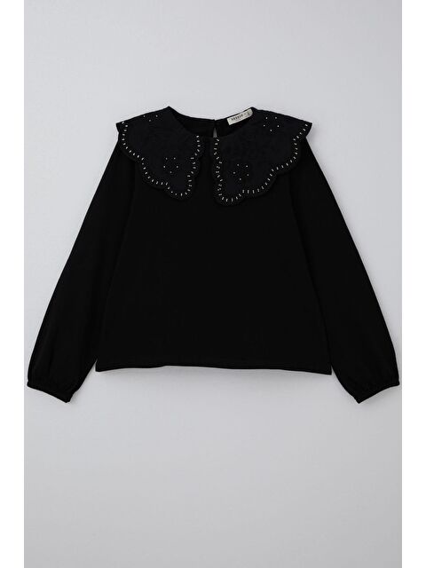 Breeze Kız Çocuk Uzun Kollu Bluz Çiçek Nakışlı Güpür Yaka Siyah (7-14 Yaş) - S000490325-19351