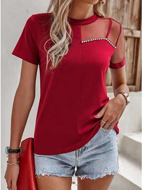 Jane's Kadın Kısa Kollu Tül Detaylı Taşlı Janjan Krep Bluz