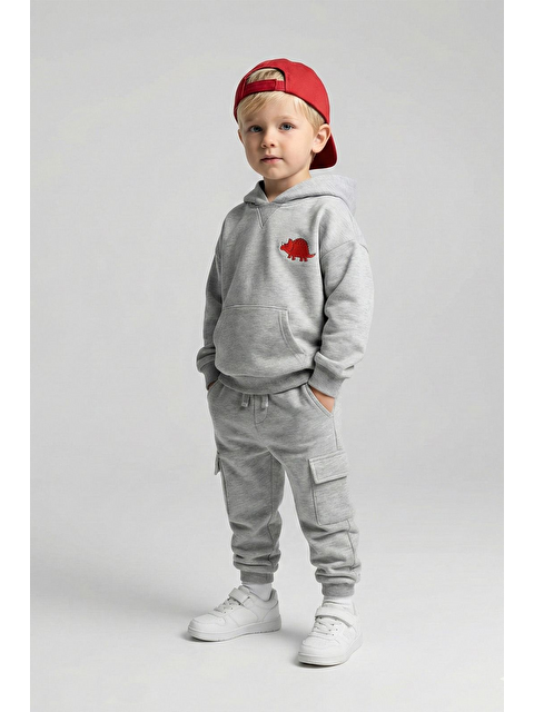 Luess Erkek Çocuk %100 Pamuk Dinozor Baskı Gri Alt Üst Takım (3-4 Yaş 8-9 Yaş) - S000531690-20600