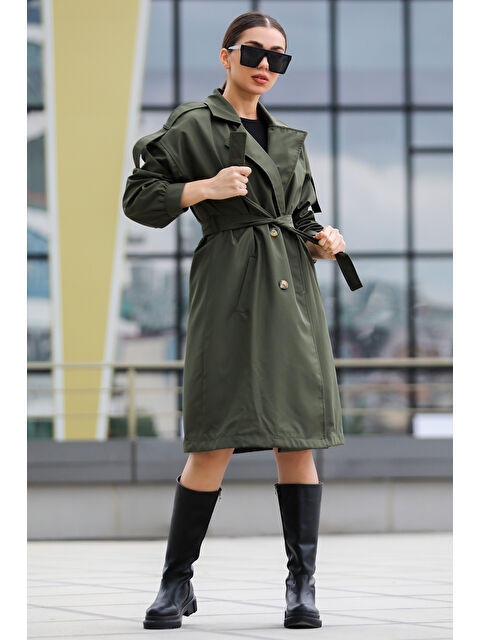 Gülseli Kadın Kruvaze Yaka Astarlı Bel Kuşaklı Tarz Trençkot - S000300423-18547