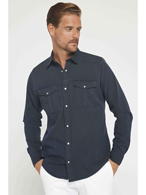 TUDORS Erkek Slim Fit Uzun Kollu Spor Yaka Yıkamalı Çift Cepli Armürlü Denim Jean Antrasit Gömlek - S000243735-29666