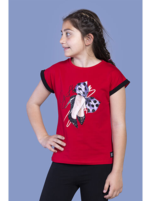 Toontoykids Kız Çocuk Fiyonk Baskılı  Kolları Garni Detaylı Tişört