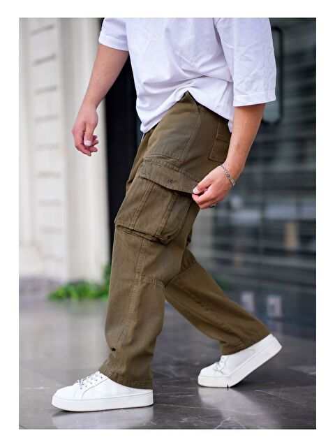 Tarz Cool Erkek Kargo Cep Baggy Pantolon Haki Rengi
