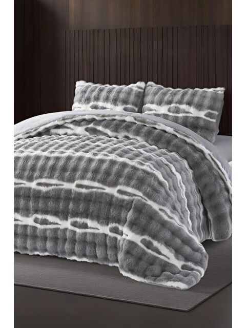 Çeyiz Diyarı Su Yolu Tavşan Tüyü Çift Kişilik Yatak Örtüsü 220x240 Cm Gri - S000493092-20600