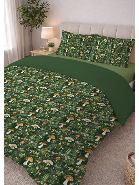 Milbay Grup Çift Kişilik Pamuklu Nevresim Takımı - Orman ve Mantar Desenli (Çarşafsız)