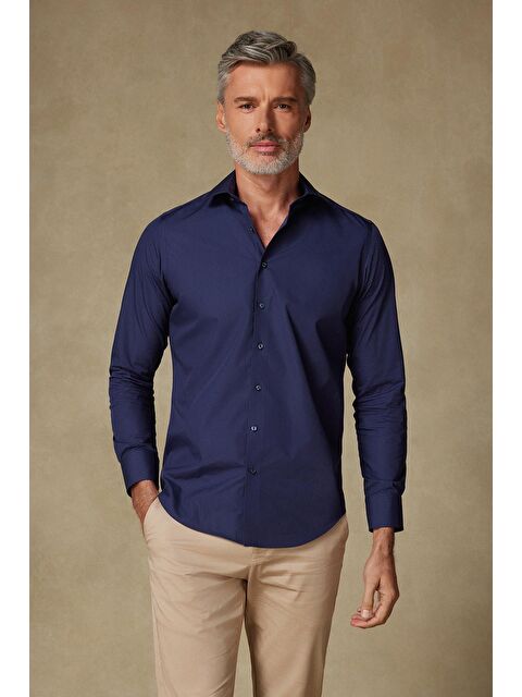ABBATE Bb Club Oscar Poplin Pamuk Polyester Slim Fit Lacivert Klasik Yaka Erkek Düz Gömlek - S000437964-21164