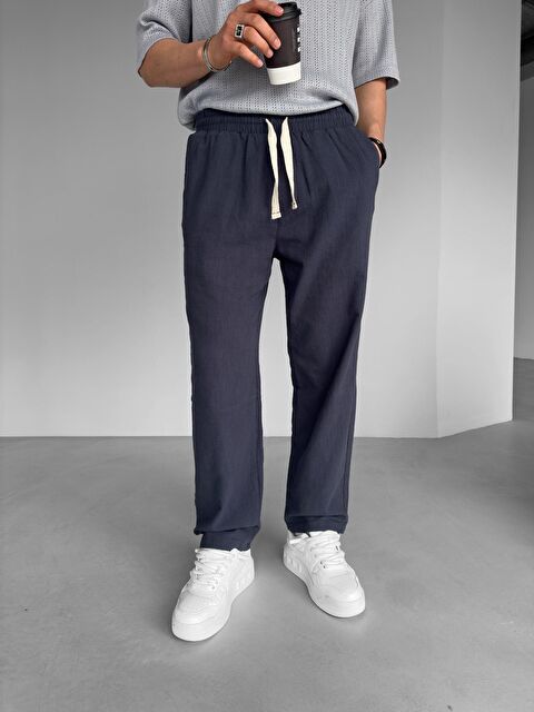 Abluka Online Baggy Fit Keten Erkek %100 Pamuk Pantolon Lacivert - S000036823-21164