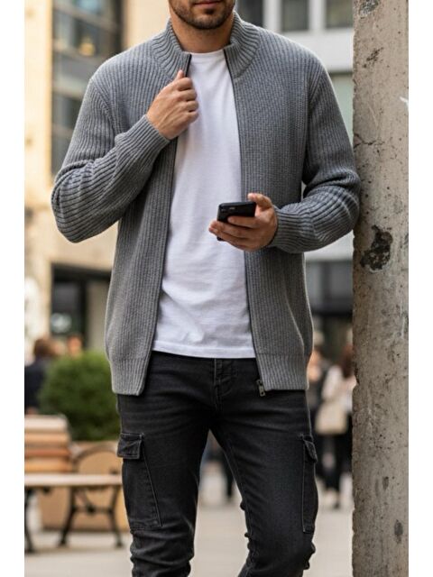 Oksit Loken Tam Fermuarlı Dik Yaka Kalın Erkek Hırka