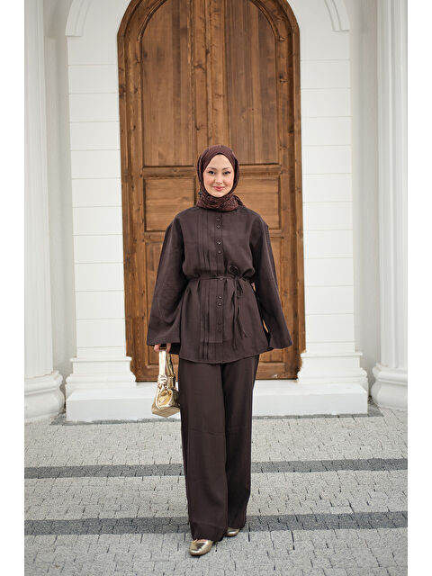 Locco Moda Kadın Büzgü Detay Bel Bağlamalı Takım Kahverengi