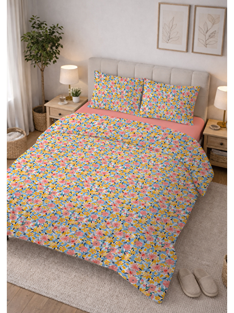 Milbay Grup Çift Kişilik Pamuklu Nevresim Takımı - Modern Çiçek Desenli (ÇARŞAFSIZ)