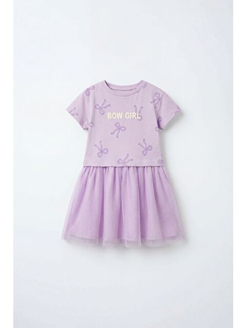 Magu Kız Çocuk Pamuklu Lila Fiyonk Desenli Tül Elbise