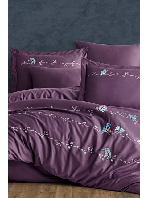 Çeyiz Diyarı Vogel Nakışlı %100 Pamuk Saten Çift Kişilik Nevresim Takımı Mürdüm - S000493123-20036