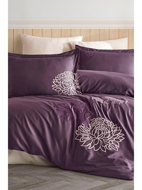 Çeyiz Diyarı Siena Nakışlı %100 Pamuk Saten Çift Kişilik Nevresim Takımı Mürdüm - S000493125-20036