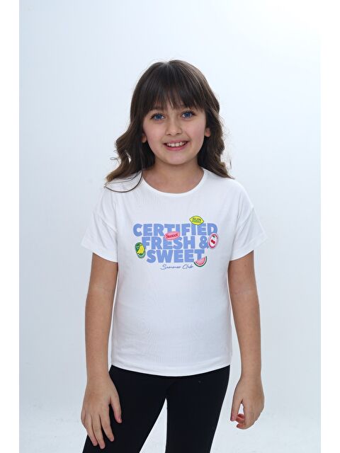 Toontoykids Kız Çocuk Bisiklet Yaka Düşük Omuz Kısa Kollu Baskılı Tişört 24976