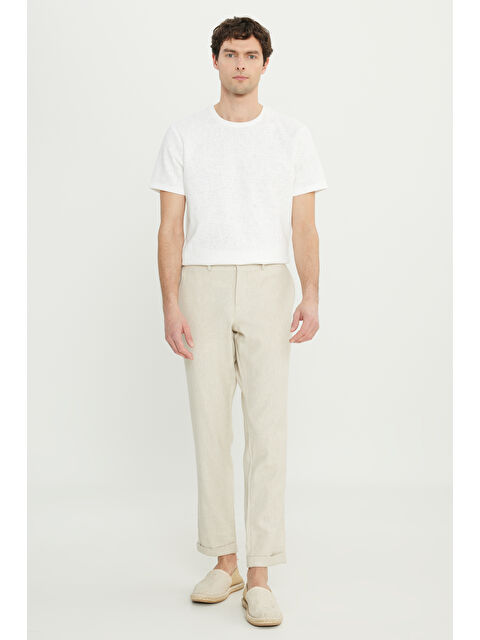 Altınyıldız Classics Erkek Bej Slim Fit Dar Kesim Diagonal Desenli Yan Cepli Casual Pantolon