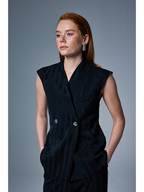SATEEN Anna Çizgili Yelek - Siyah - S000516492-19351