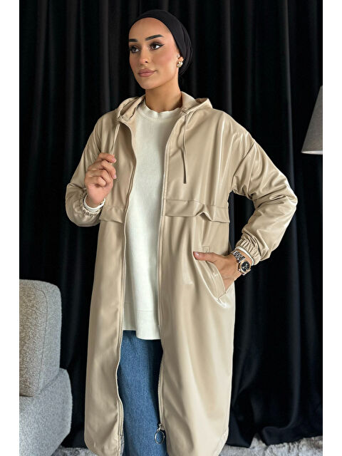 Julude Kapüşonlu Fermuarlı Tesettür Suni Deri Mevsimlik Trençkot - S000286619-19928