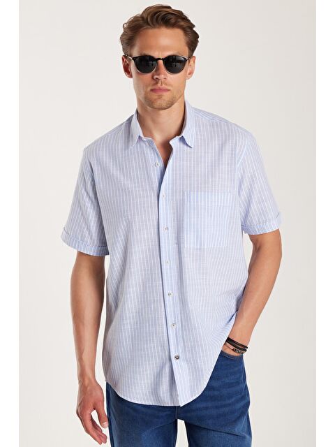 TUDORS Erkek Regular Fit Klasik Kesim %100 Pamuk Kısa Kollu Keten Doku Tek Cepli Çizgili Mavi Gömlek - S000519134-17234