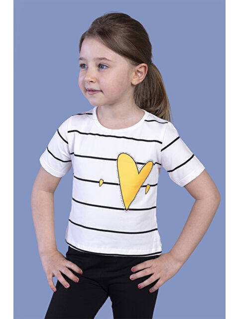 Toontoykids Kız Çocuk Çizgli Kalp Baskılı Taş İşlemeli Tişört