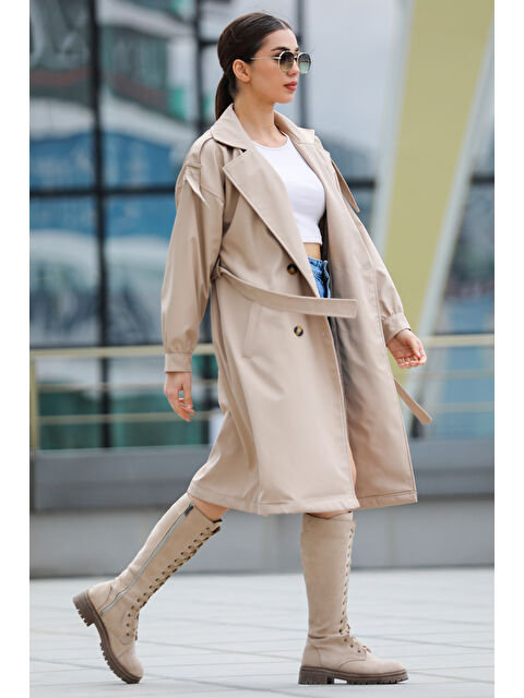 Gülseli Kadın Kruvaze Yaka Astarlı Bel Kuşaklı Tarz Trençkot - S000300423-19928