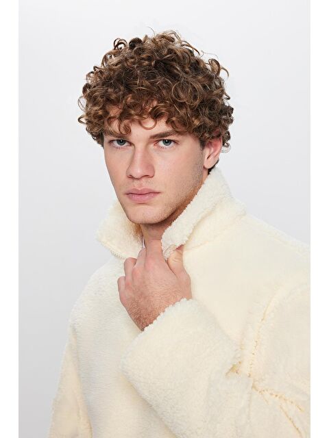 TUDORS Unisex Relax Fit Rahat Kesim Yarım Fermuarlı Kanguru Cepli Ekru Dik Yaka Pelüş Sweatshirt