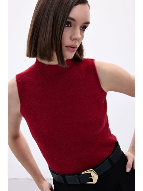 SATEEN Sıfır Kol Sakallı Triko Bluz - Bordo - S000461396-19951