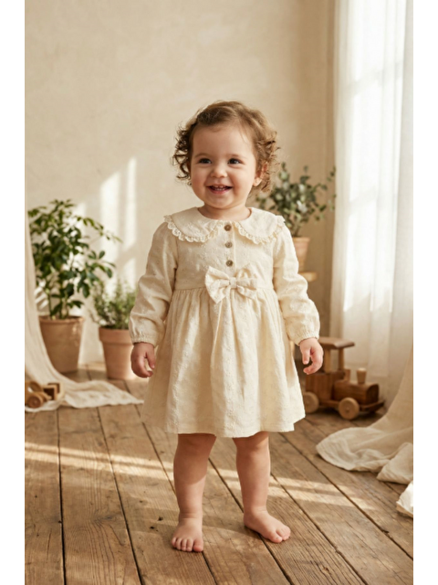 Cantoy Pudra Çiçekli Pamuklu Fiyonk Detaylı Elbise - S000521426-7152