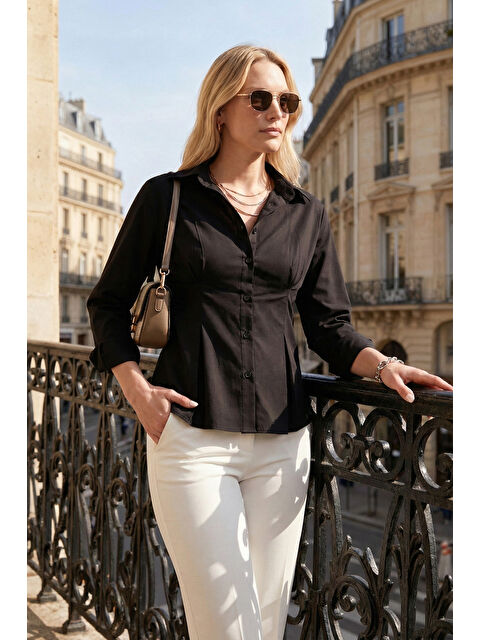 Lela Belden Oturtmalı Pileli Pamuk Karışımlı Fitted Fit Gömlek 6778275 - S000526429-19351