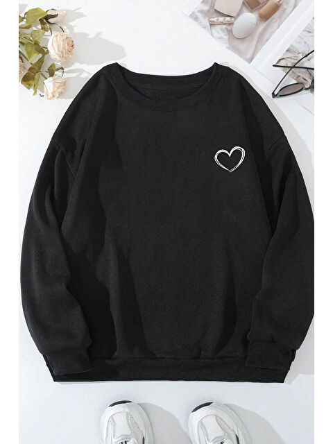 uyguntarz Unisex Kalp Baskılı Bisiklet Yaka Sweatshirt - S000272118-19351