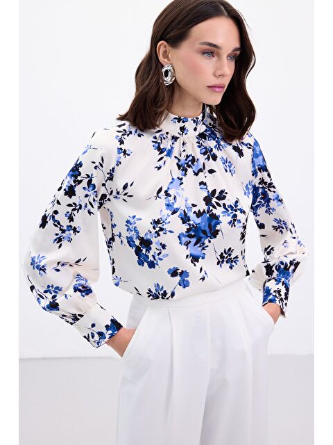 SATEEN Dik Yaka Bluz - Mavi - S000503862-17234