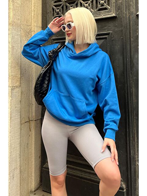 Madmext Saks Kapüşonlu Oversize Cepli Sweatshirt Mg2207 - S000286622-23710